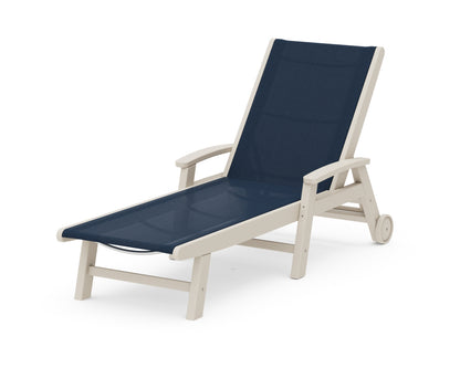 POLYWOOD® Coastal Chaise with Wheels in Sand / Navy Blue Sling