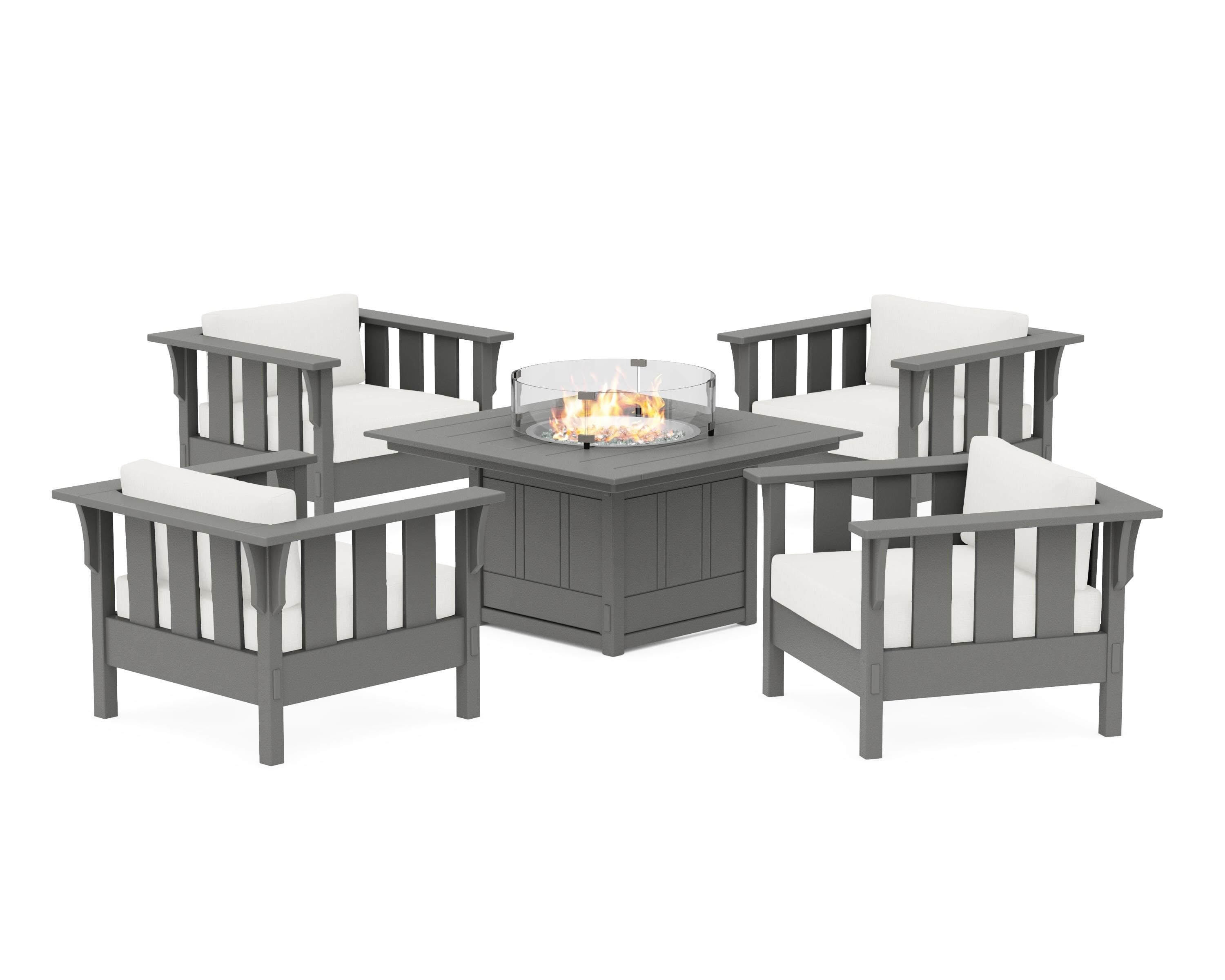 Martha Stewart by POLYWOOD® Acadia 5-Piece Deep Seating Set with Fire Pit Table in Slate Grey / Natural Linen