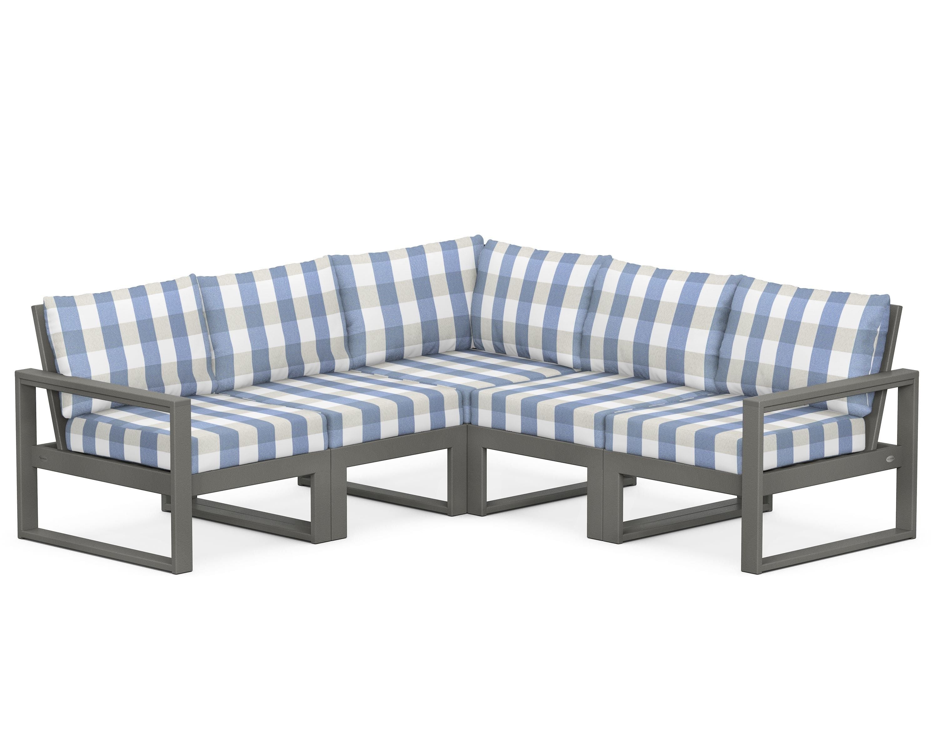 POLYWOOD® EDGE 5-Piece Modular Deep Seating Set in Slate Grey / Buffalo Plaid Sky Blue