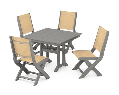 POLYWOOD® Coastal Folding Side Chair 5-Piece Farmhouse Dining Set With Trestle Legs in Slate Grey / Dupioni Apricot Sling