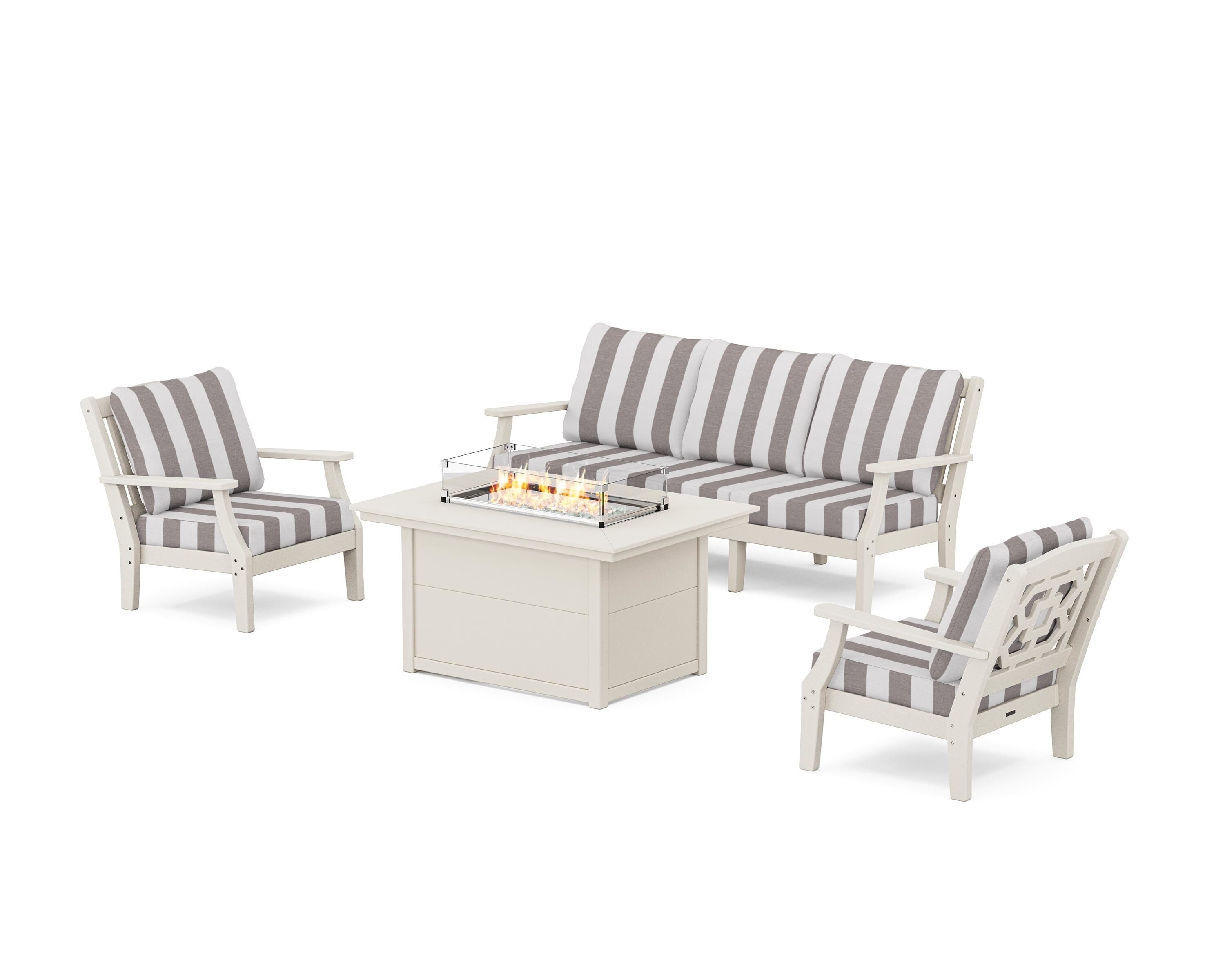 Martha Stewart by POLYWOOD® Chinoiserie Deep Seating Fire Pit Table Set in Sand / Cabana Stripe Grey Mist