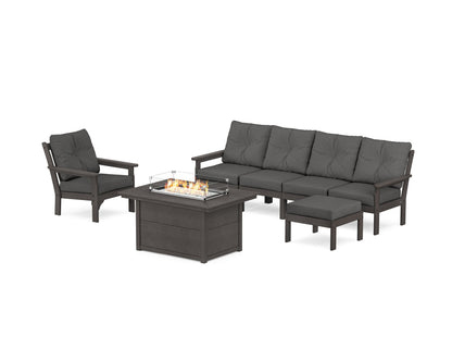 POLYWOOD® Vineyard Sectional Lounge and Fire Pit Set in Vintage Coffee / Spectrum Carbon