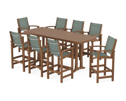 POLYWOOD® Coastal 9-Piece Bar Set with Trestle Legs in Teak / Dupioni Sea Mist Sling