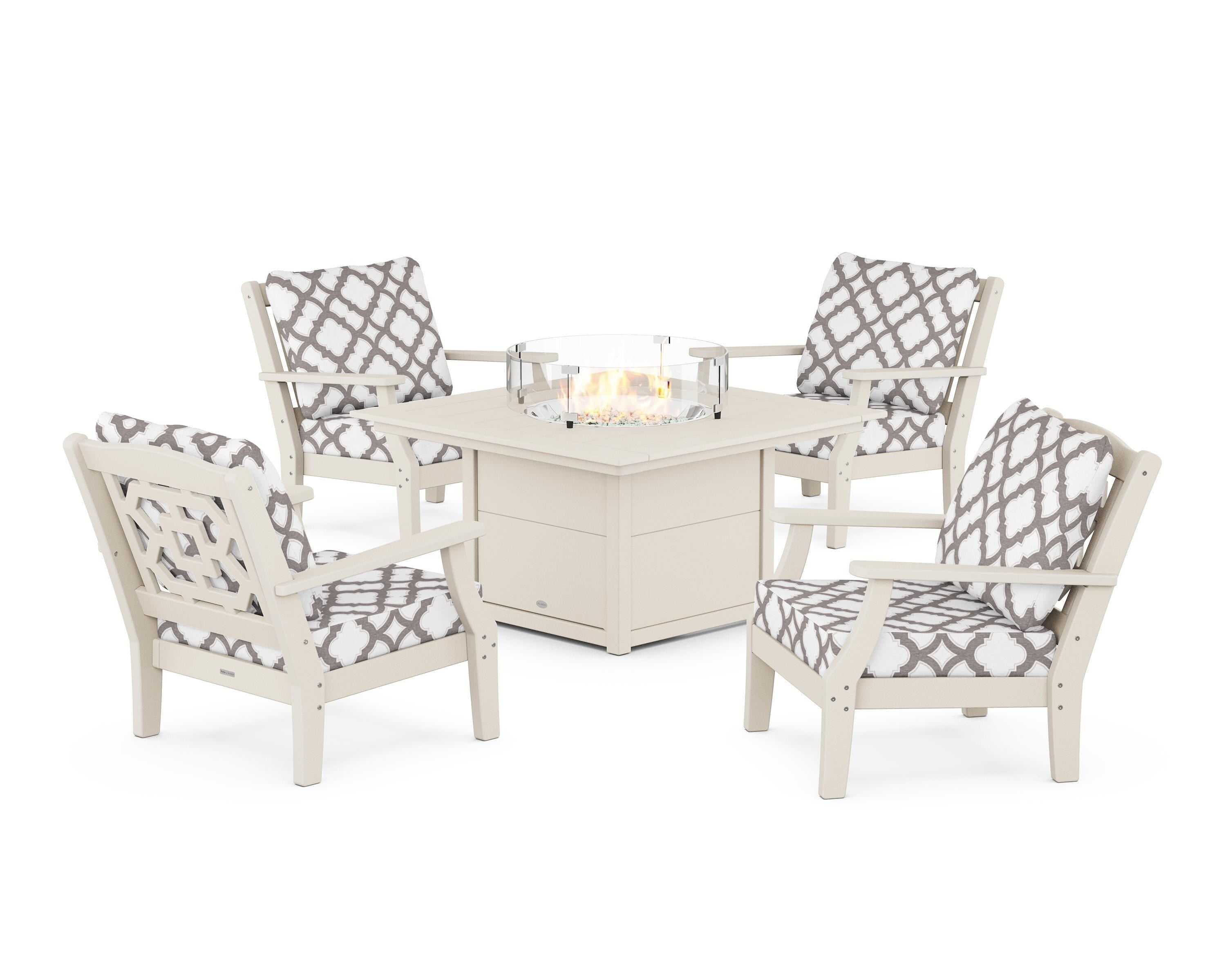 Martha Stewart by POLYWOOD® Chinoiserie 5-Piece Deep Seating Set with Fire Pit Table in Sand / Trellis Grey Mist