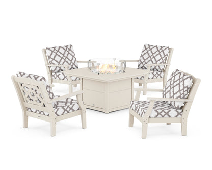 Martha Stewart by POLYWOOD® Chinoiserie 5-Piece Deep Seating Set with Fire Pit Table in Sand / Trellis Grey Mist