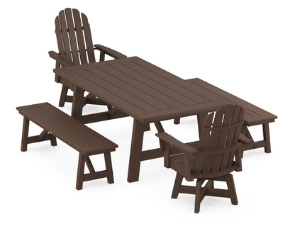 POLYWOOD® VineyardCurveback Adirondack Swivel Chair 5-Piece Rustic Farmhouse Dining Set With Benches in Mahogany