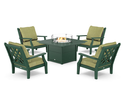 Country Living Wovendale 5-Piece Deep Seating Set with Fire Pit Table in Green / Chartreuse Boucle