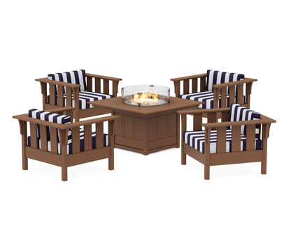 Martha Stewart by POLYWOOD® Acadia 5-Piece Deep Seating Set with Fire Pit Table in Teak / Cabana Stripe Navy
