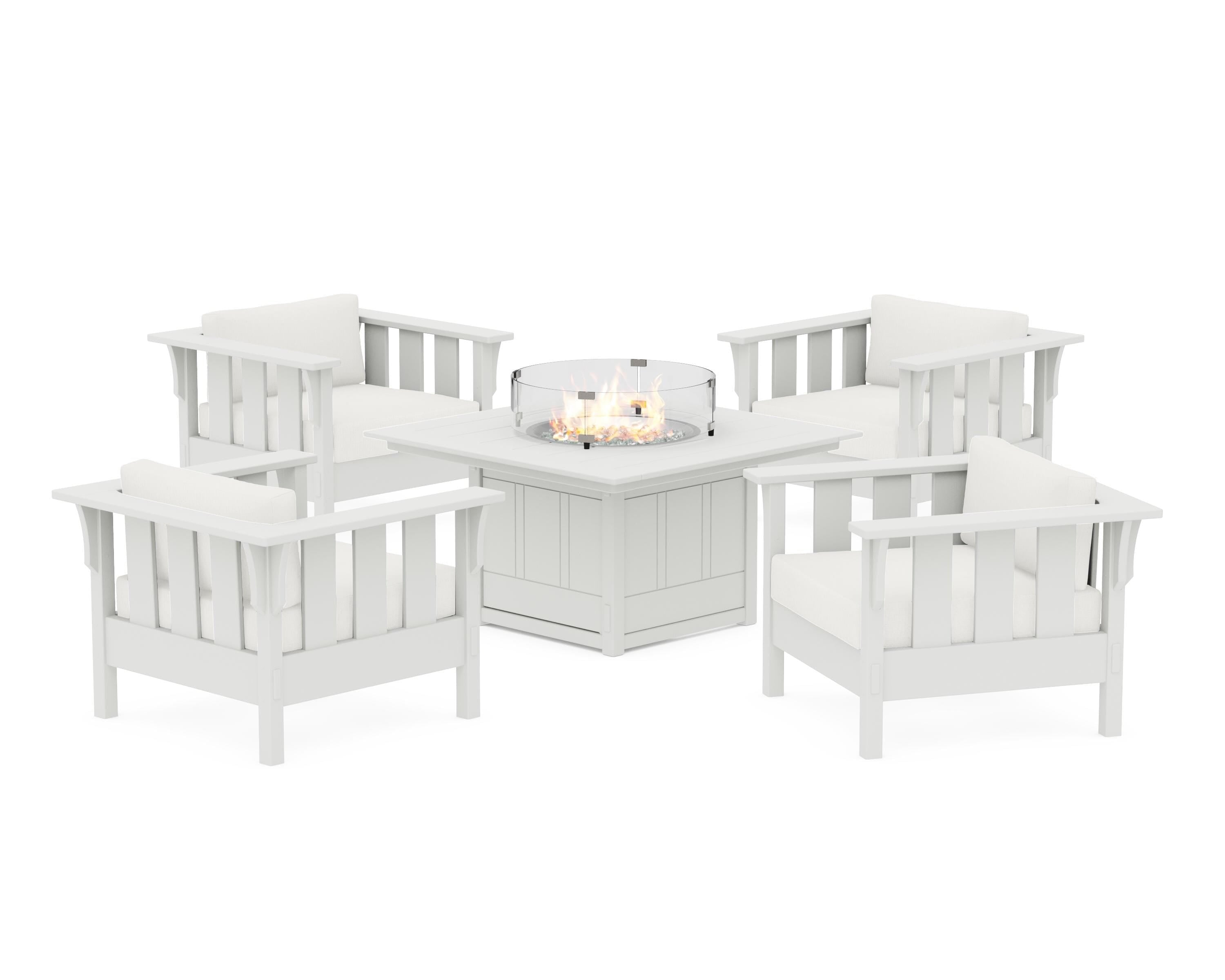 Martha Stewart by POLYWOOD® Acadia 5-Piece Deep Seating Set with Fire Pit Table in White / Natural Linen