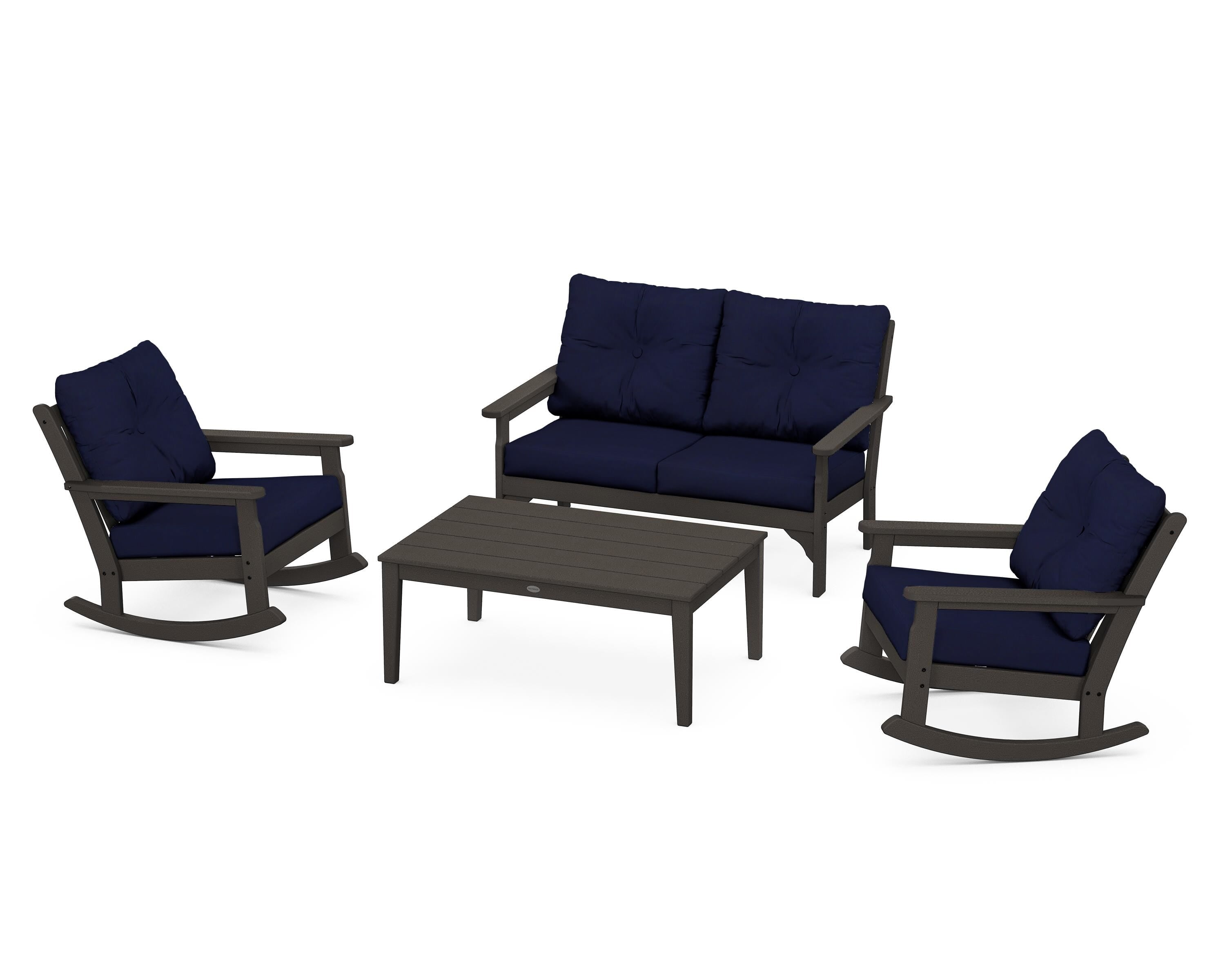 POLYWOOD® Vineyard 4-Piece Deep Seating Rocking Chair Set in Vintage Coffee / Navy
