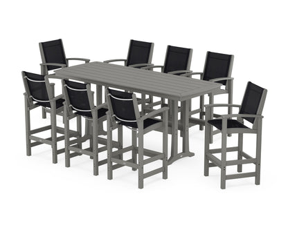 POLYWOOD® Coastal 9-Piece Bar Set with Trestle Legs in Slate Grey / Black Sling