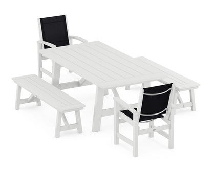 POLYWOOD® Coastal 5-Piece Rustic Farmhouse Dining Set With Benches in White / Black Sling