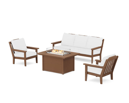 Country Living Cottage Deep Seating Fire Pit Table Set in Teak / Natural