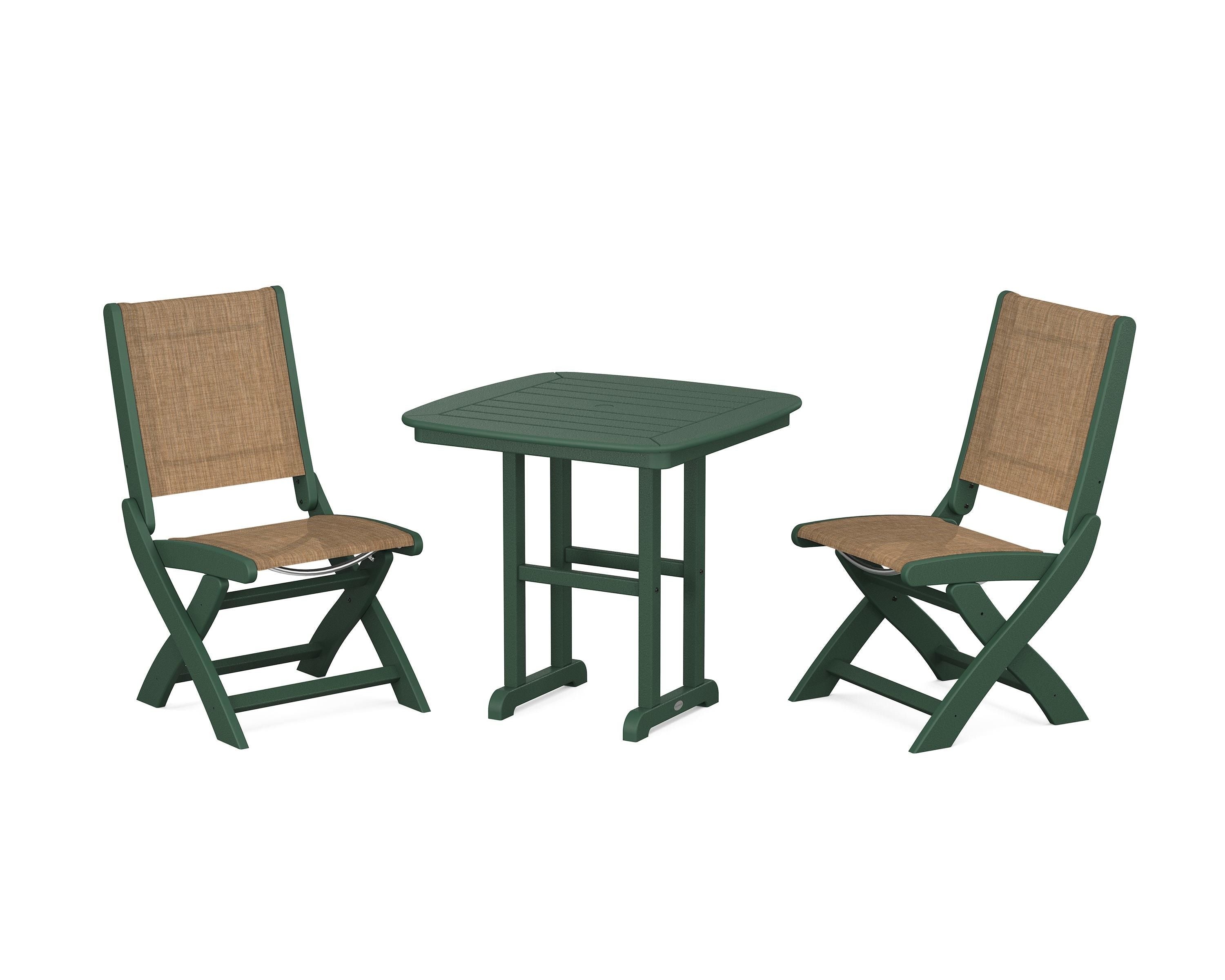 POLYWOOD® Coastal Folding Side Chair 3-Piece Dining Set in Green / Burlap Sling