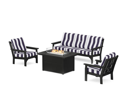 POLYWOOD® Vineyard Deep Seating Fire Pit Table Set in Black / Cabana Stripe Navy