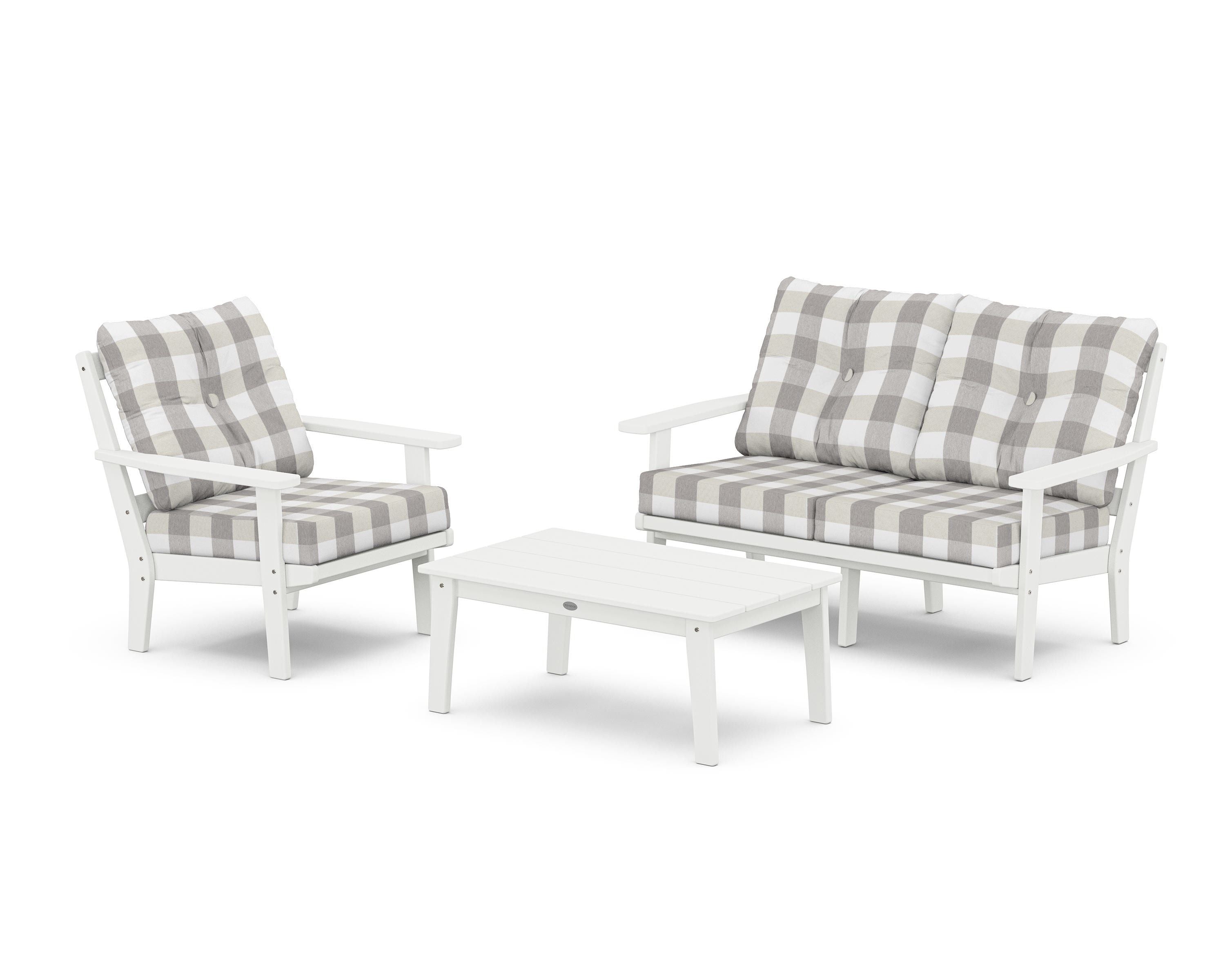 POLYWOOD® Prairie 3-Piece Deep Seating Set with Loveseat in White / Buffalo Plaid Grey Mist
