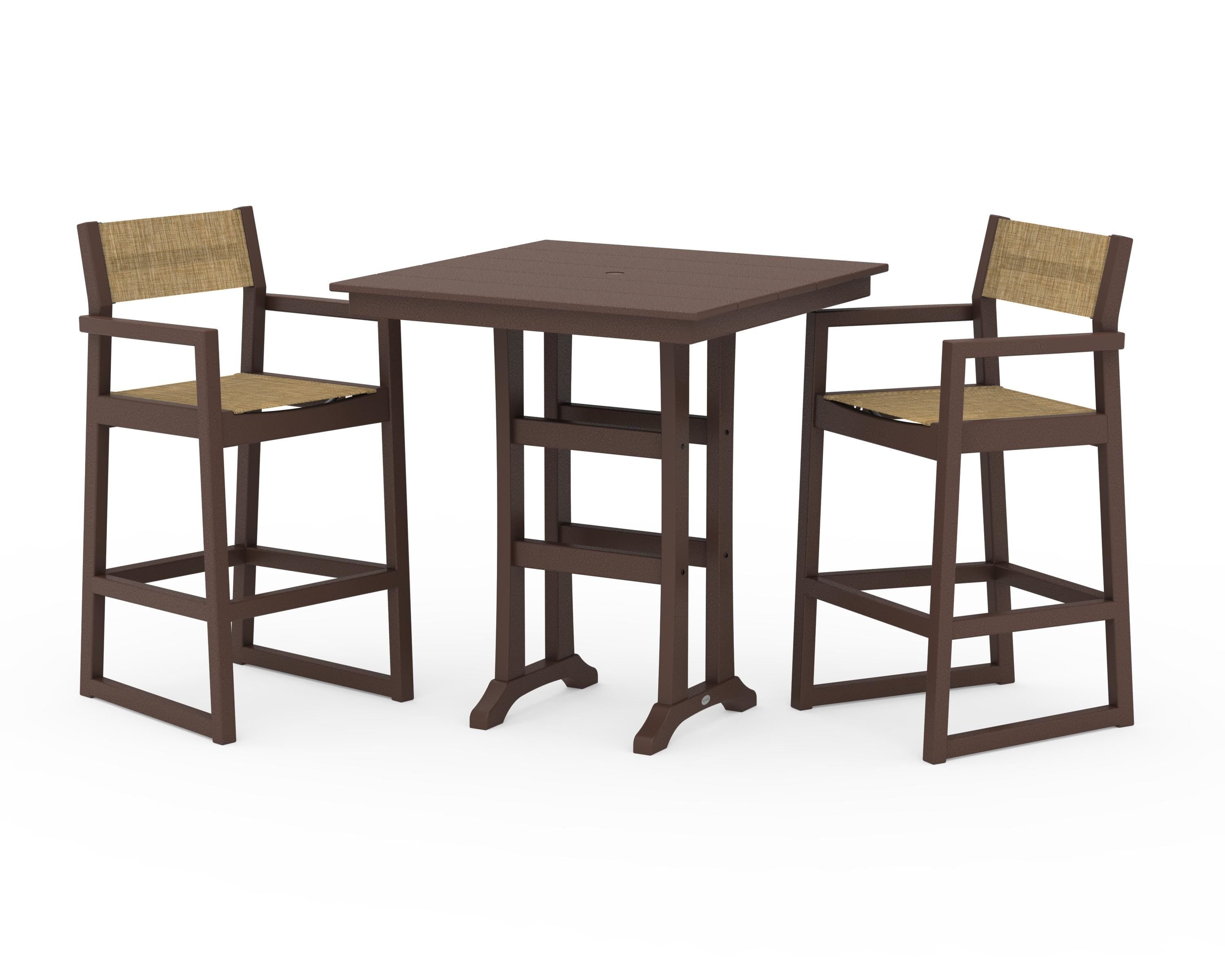 POLYWOOD® EDGE Sling Arm Chair 3-Piece Farmhouse Bar Set with Trestle Legs in Mahogany / Burlap Sling