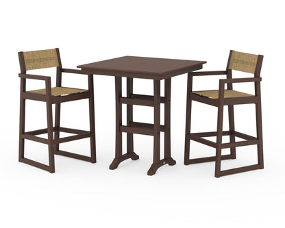 POLYWOOD® EDGE Sling Arm Chair 3-Piece Farmhouse Bar Set with Trestle Legs in Mahogany / Burlap Sling