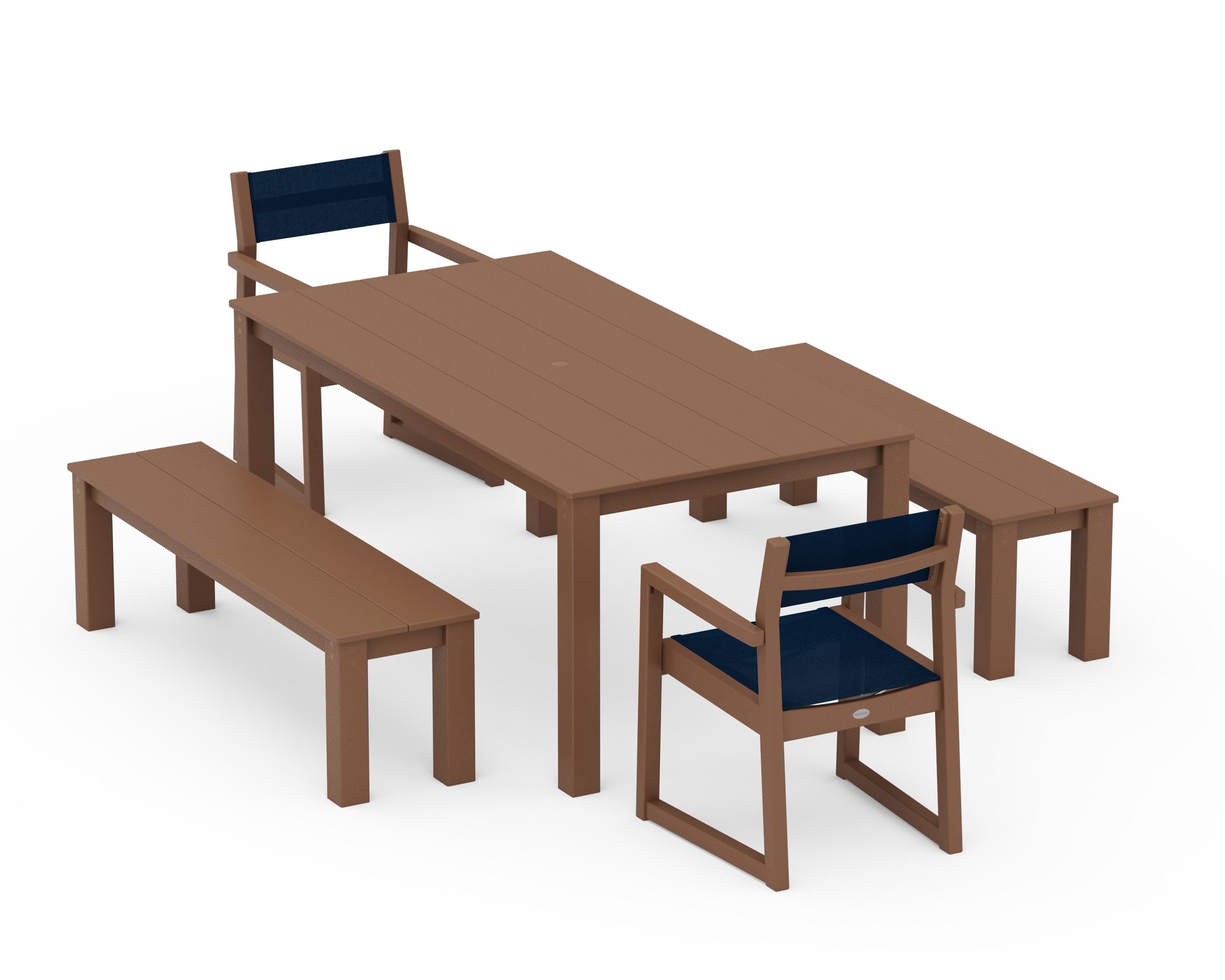 POLYWOOD® EDGE Sling Arm Chair 5-Piece Parsons Dining Set with Benches in Teak / Navy Blue Sling