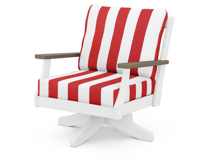 POLYWOOD® Braxton Deep Seating Swivel Chair in White / Kona / Cabana Stripe Crimson