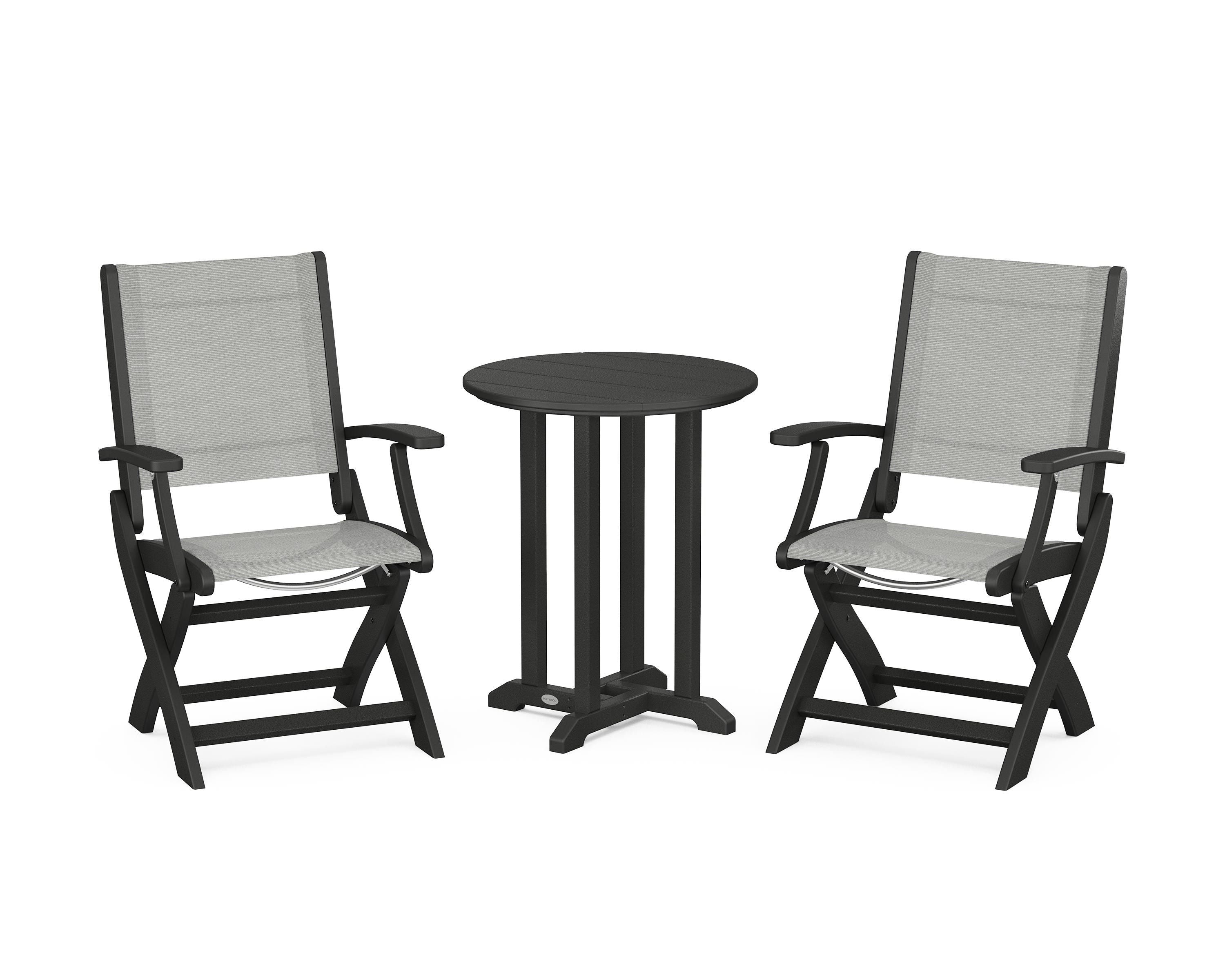 POLYWOOD® Coastal Folding 3-Piece Round Bistro Dining Set in Black / Metallic Sling
