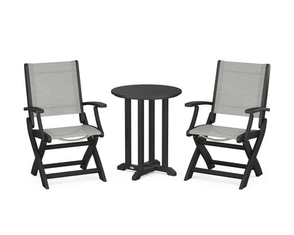 POLYWOOD® Coastal Folding 3-Piece Round Bistro Dining Set in Black / Metallic Sling