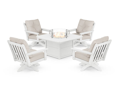 POLYWOOD® Vineyard 5-Piece Deep Seating Swivel Conversation Set with Fire Pit Table in White / Cast Ash