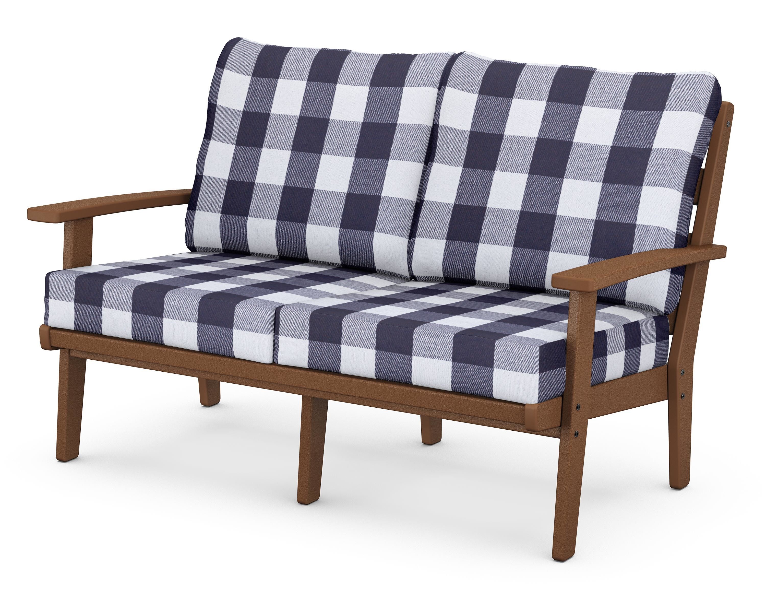 POLYWOOD® Grant Park Deep Seating Loveseat in Teak / Buffalo Plaid Navy