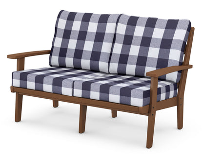POLYWOOD® Grant Park Deep Seating Loveseat in Teak / Buffalo Plaid Navy
