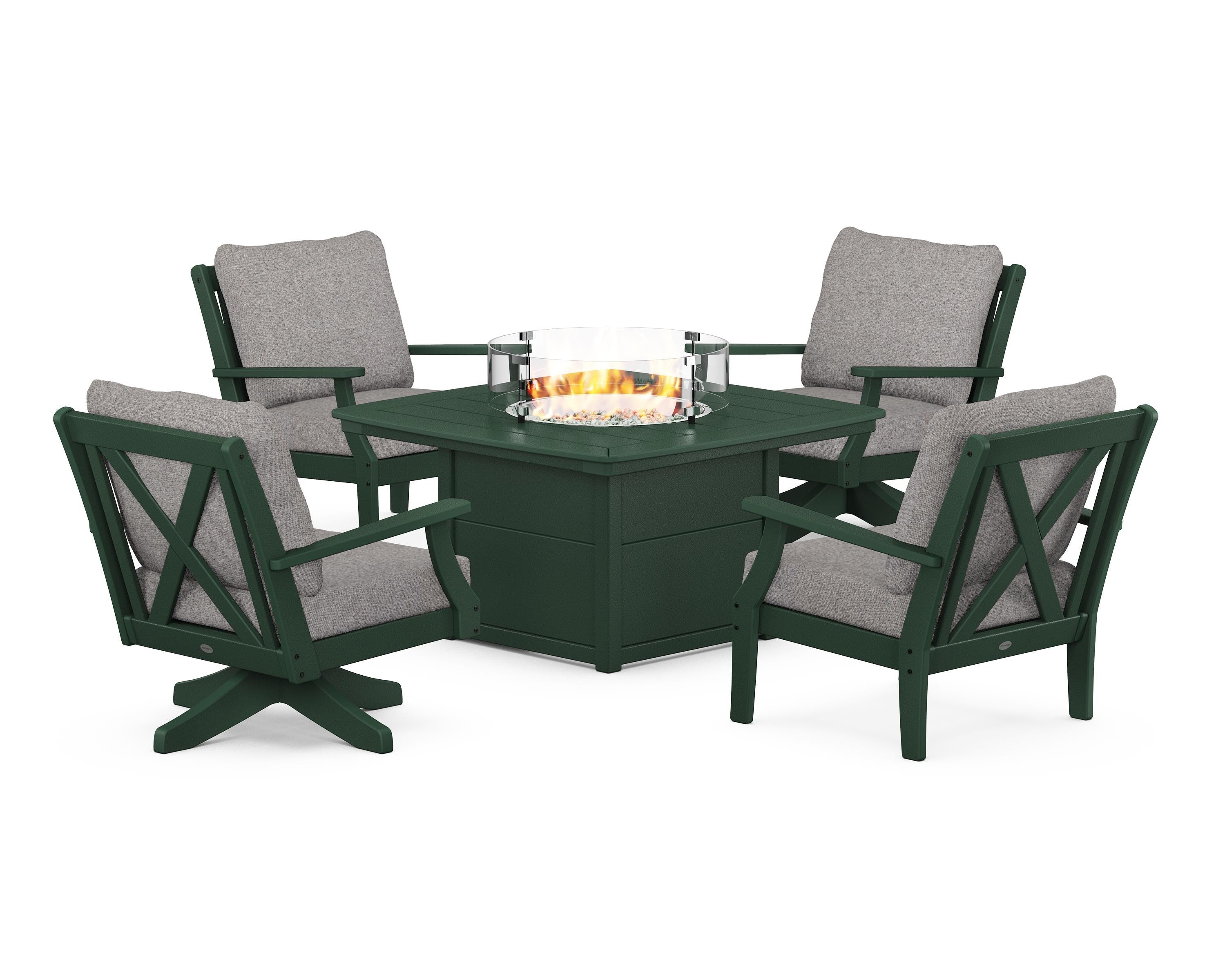 POLYWOOD® Braxton 5-Piece Deep Seating Set with Fire Table in Green / Grey Mist