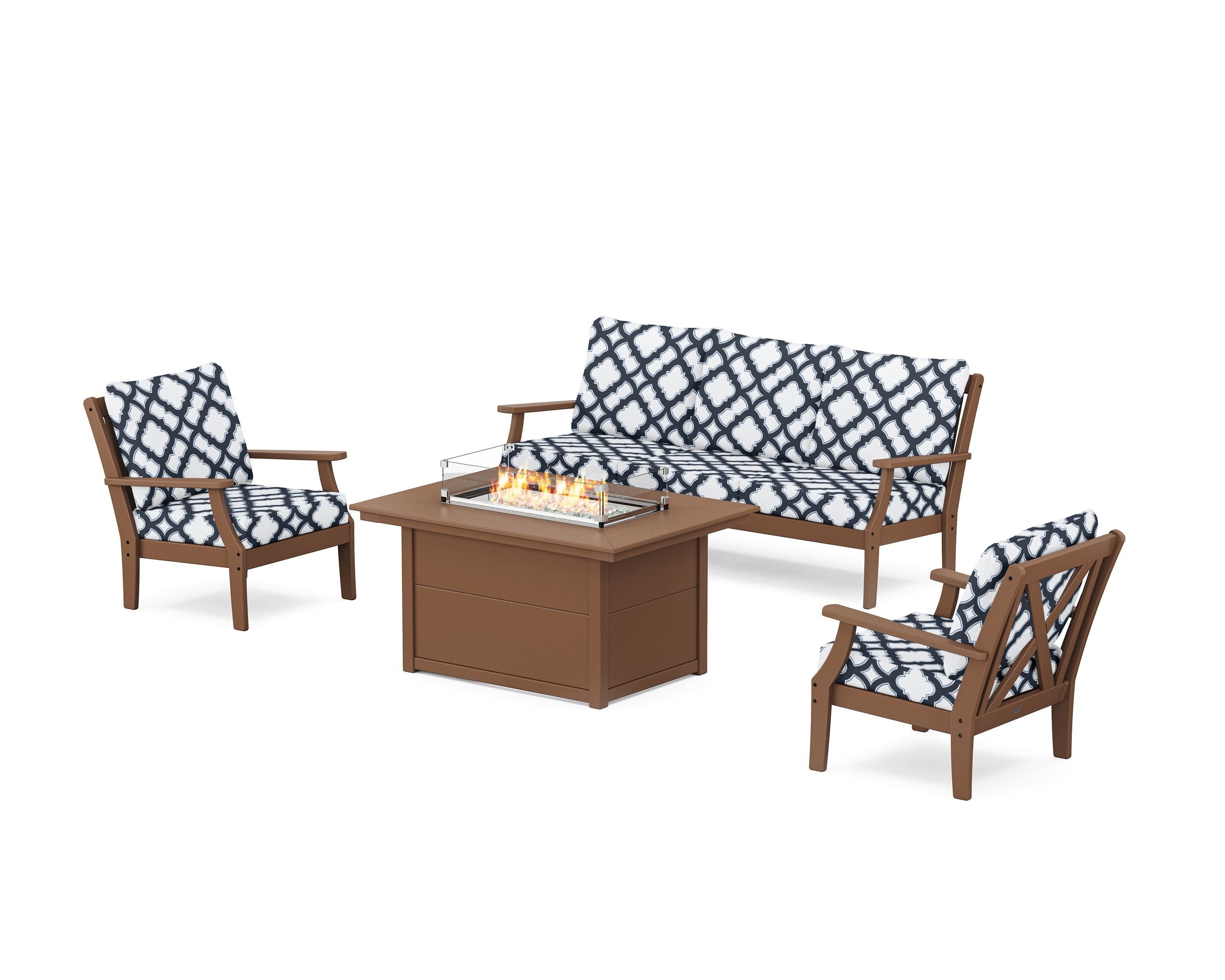 POLYWOOD® Braxton Deep Seating Fire Pit Table Set in Teak / Trellis Marine Indigo
