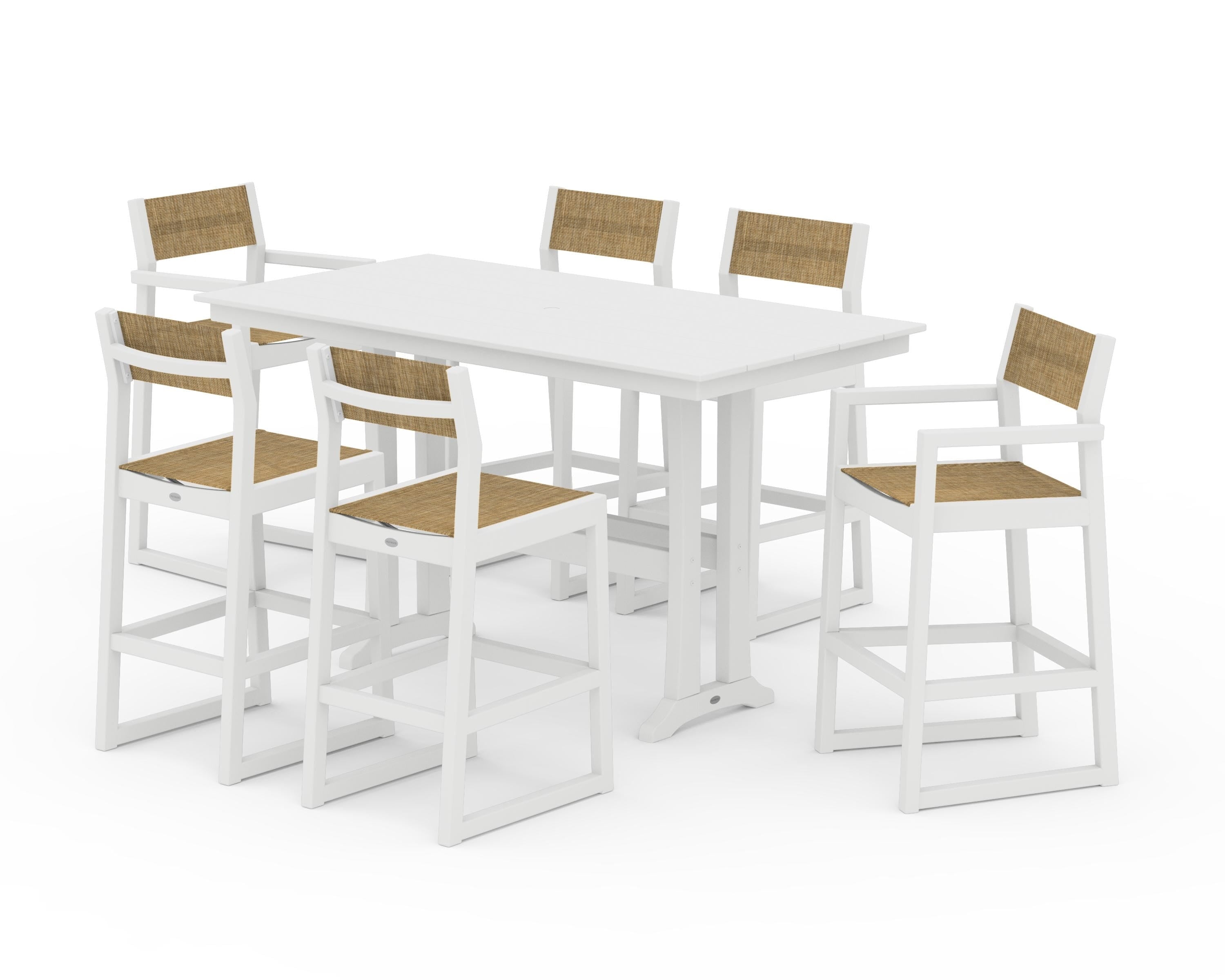 POLYWOOD® EDGE Sling 7-Piece Farmhouse Bar Set with Trestle Legs in White / Burlap Sling