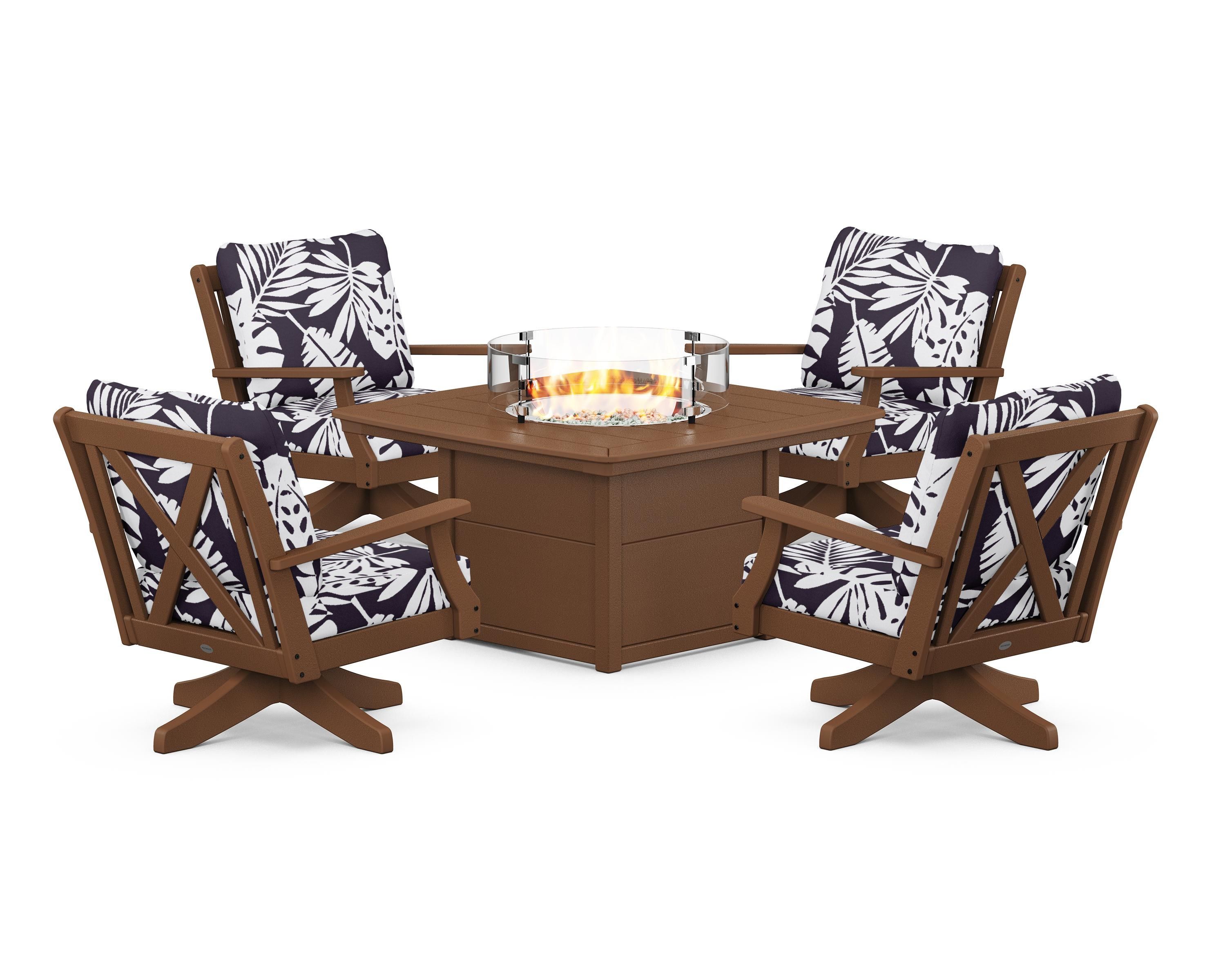 POLYWOOD® Braxton 5-Piece Deep Seating Swivel Conversation Set with Fire Pit Table in Teak / Leaf Navy