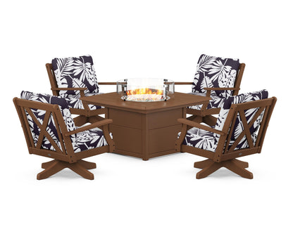 POLYWOOD® Braxton 5-Piece Deep Seating Swivel Conversation Set with Fire Pit Table in Teak / Leaf Navy