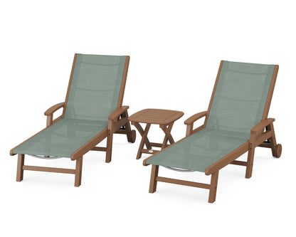 POLYWOOD® Coastal 3-Piece Wheeled Chaise Set in Teak / Dupioni Sea Mist Sling