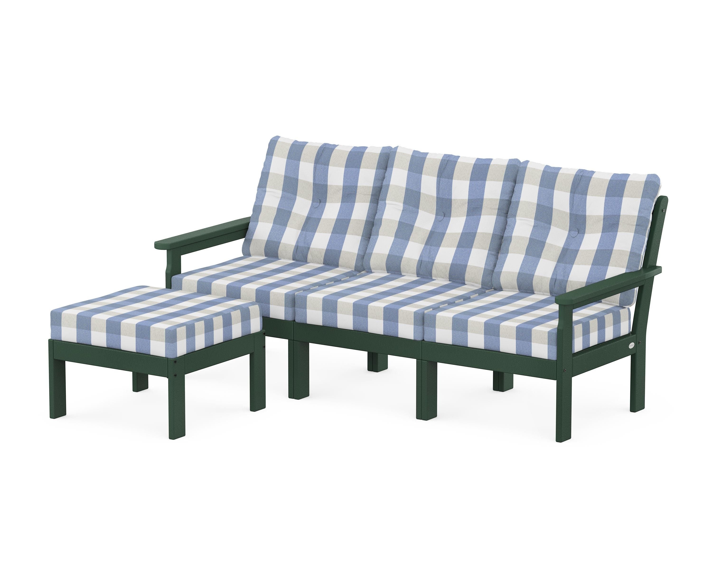 POLYWOOD® Vineyard 4-Piece Sectional with Ottoman in Green / Buffalo Plaid Sky Blue