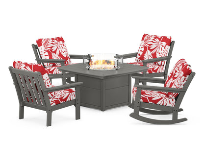 POLYWOOD® Vineyard 5-Piece Deep Seating Rocking Chair Conversation Set with Fire Pit Table in Slate Grey / Leaf Crimson