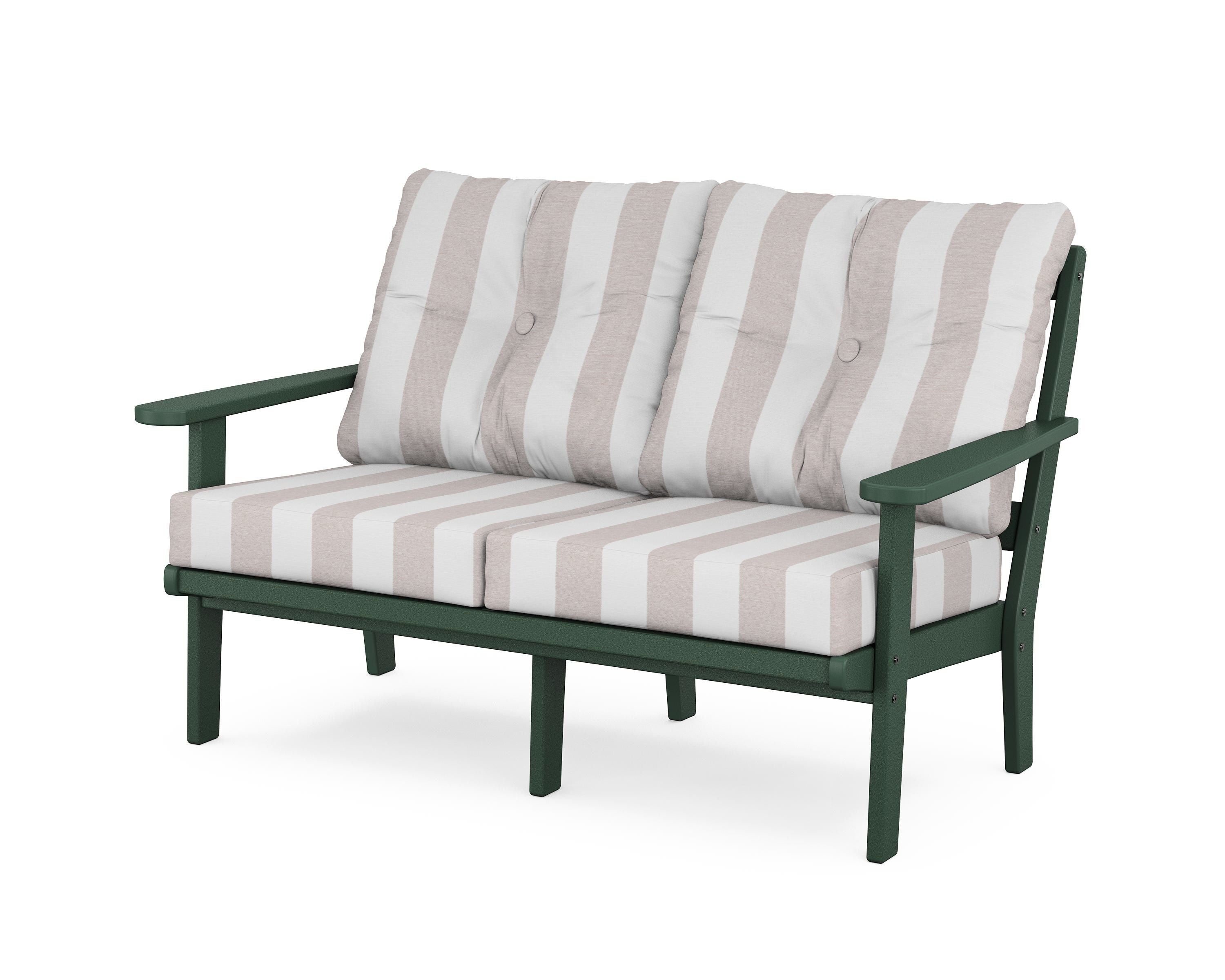 POLYWOOD® Mission Deep Seating Loveseat in Green / Cabana Stripe Dune Burlap