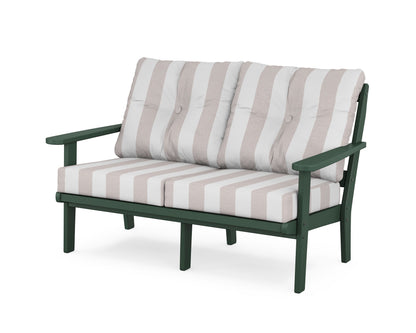 POLYWOOD® Mission Deep Seating Loveseat in Green / Cabana Stripe Dune Burlap
