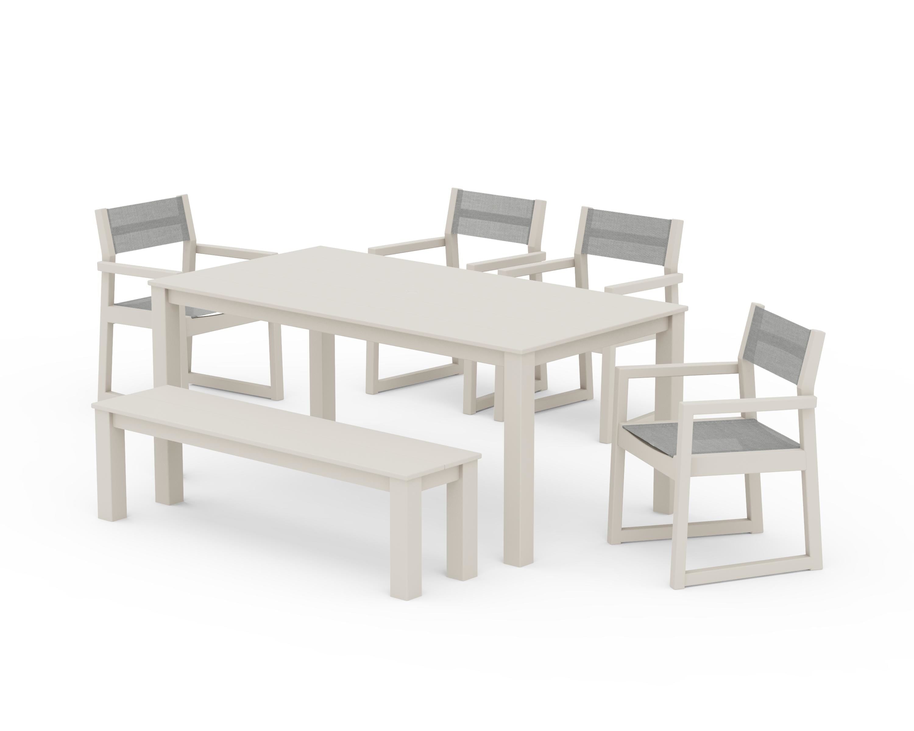 POLYWOOD® EDGE Sling Arm Chair 6-Piece Parsons Dining Set with Bench in Sand / Metallic Sling