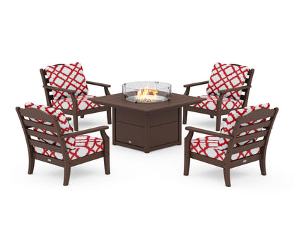 Draper James™ by  POLYWOOD® Savannah 5-Piece Deep Seating Set with Fire Pit Table in Mahogany / Trellis Crimson