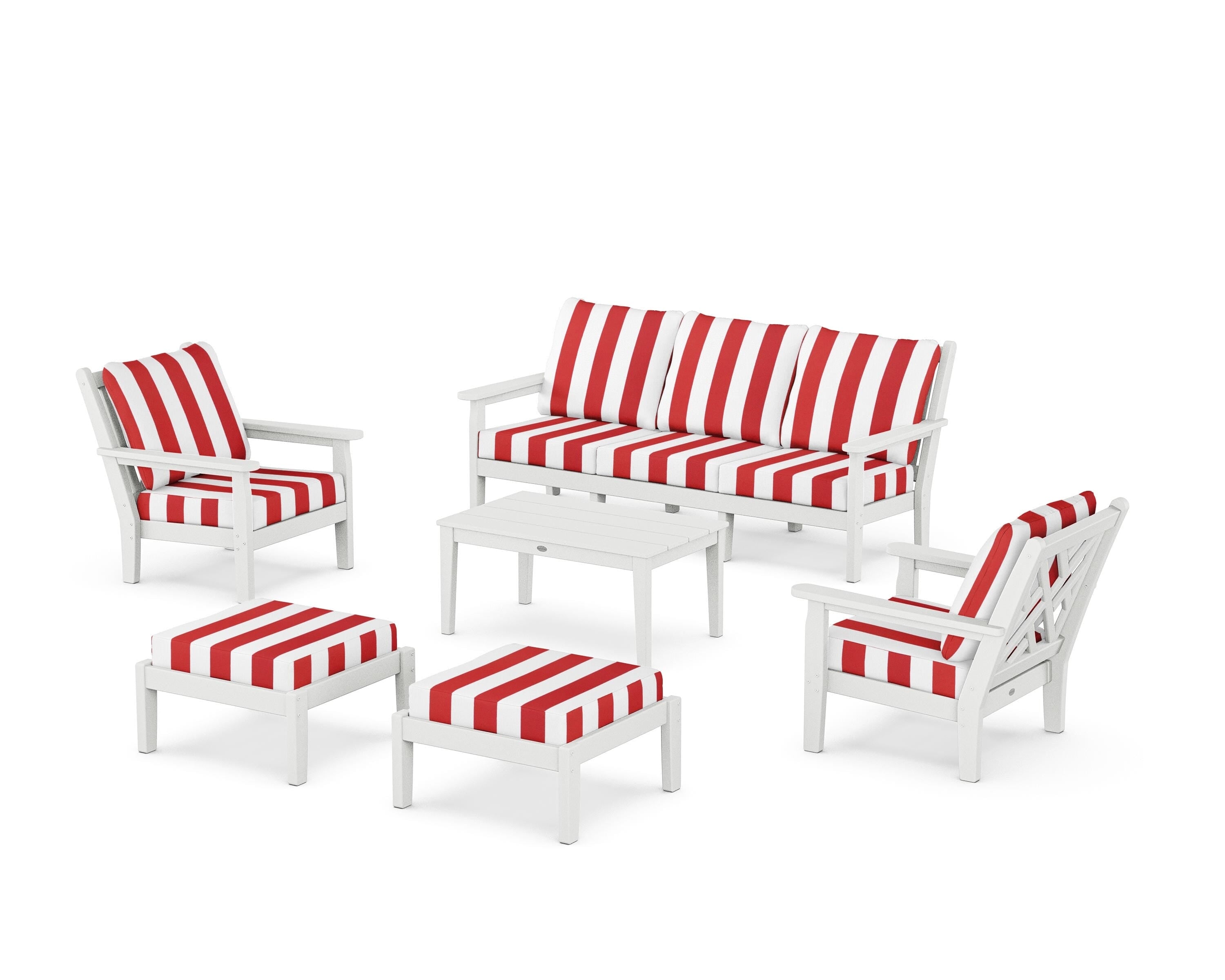 POLYWOOD® Chippendale 6-Piece Lounge Sofa Set in White / Cabana Stripe Crimson
