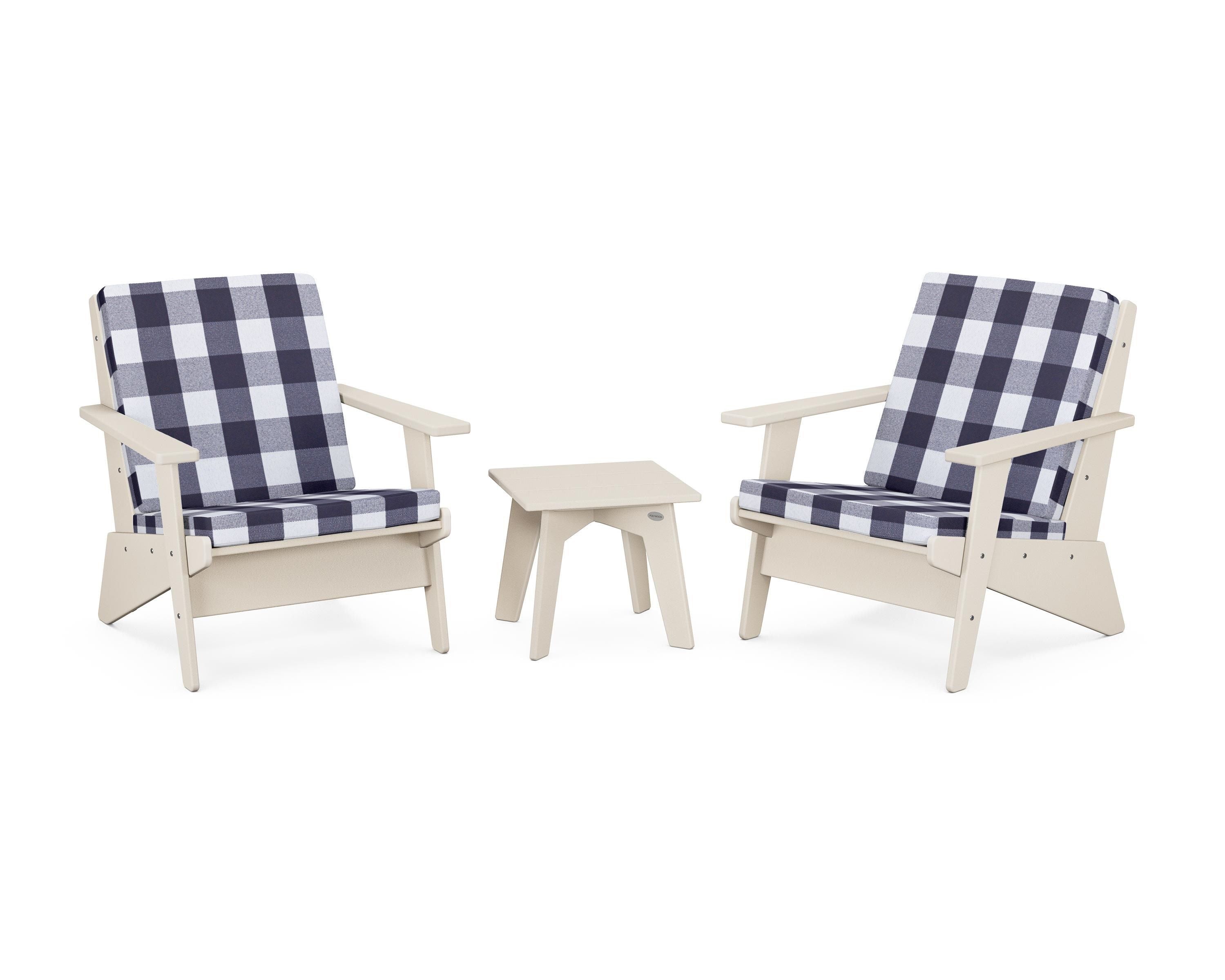 POLYWOOD® Riviera Modern Lounge 3-Piece Set in Sand / Buffalo Plaid Navy