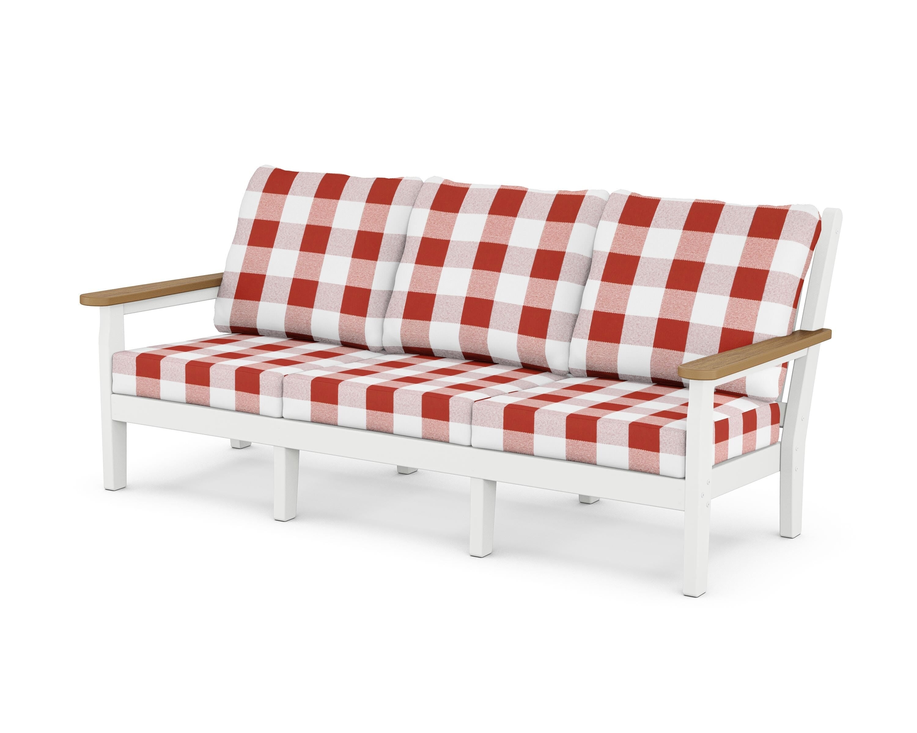 POLYWOOD® Chippendale Deep Seating Sofa in White / Natural / Buffalo Plaid Crimson