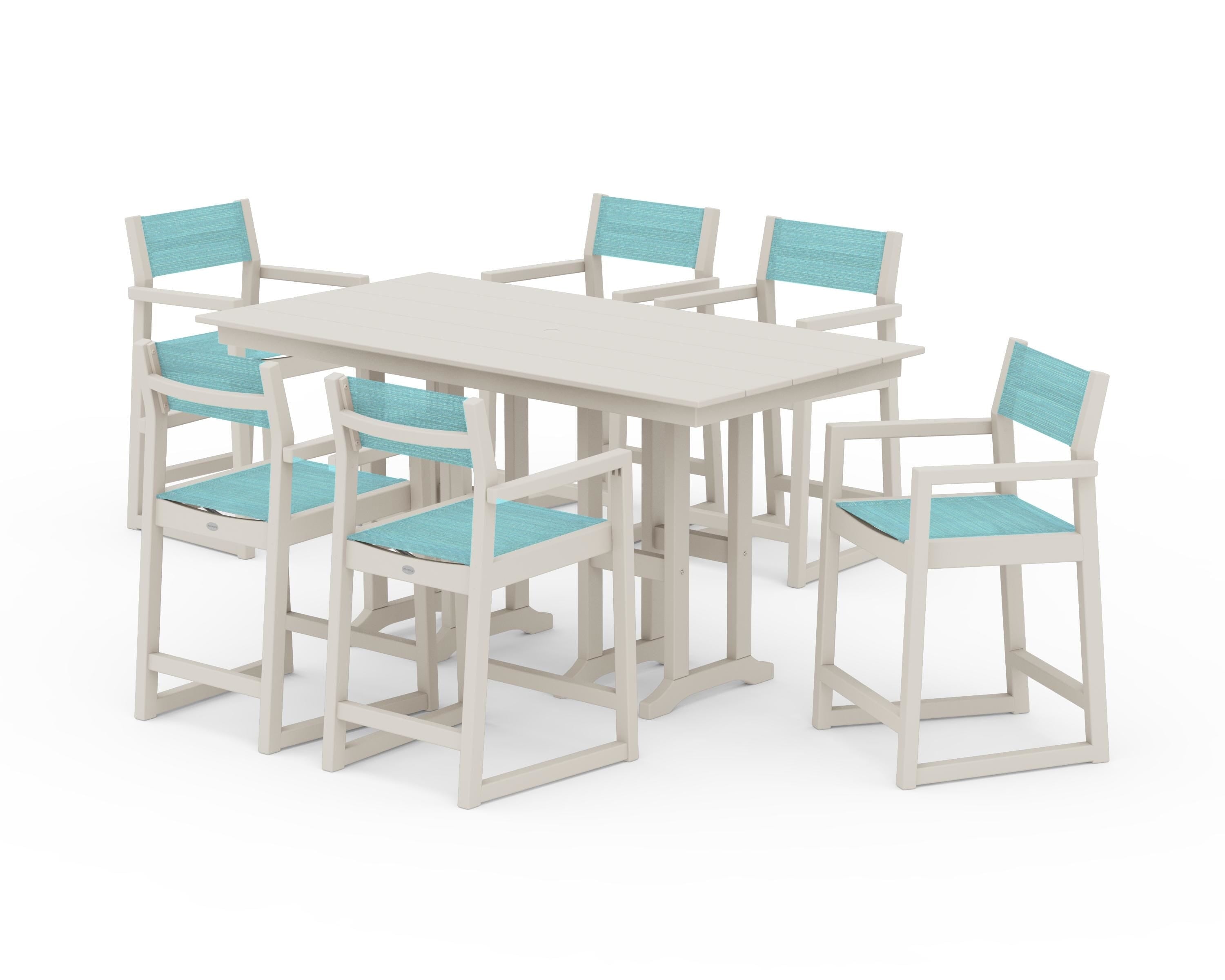 POLYWOOD® EDGE Sling Arm Chair 7-Piece Farmhouse Counter Set in Sand / Dupioni Aquamarine Sling