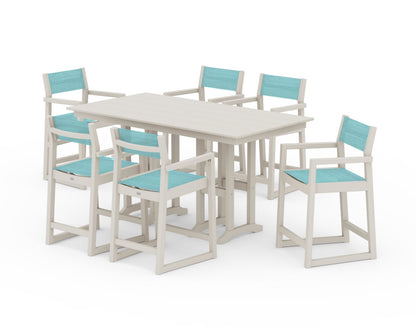 POLYWOOD® EDGE Sling Arm Chair 7-Piece Farmhouse Counter Set in Sand / Dupioni Aquamarine Sling