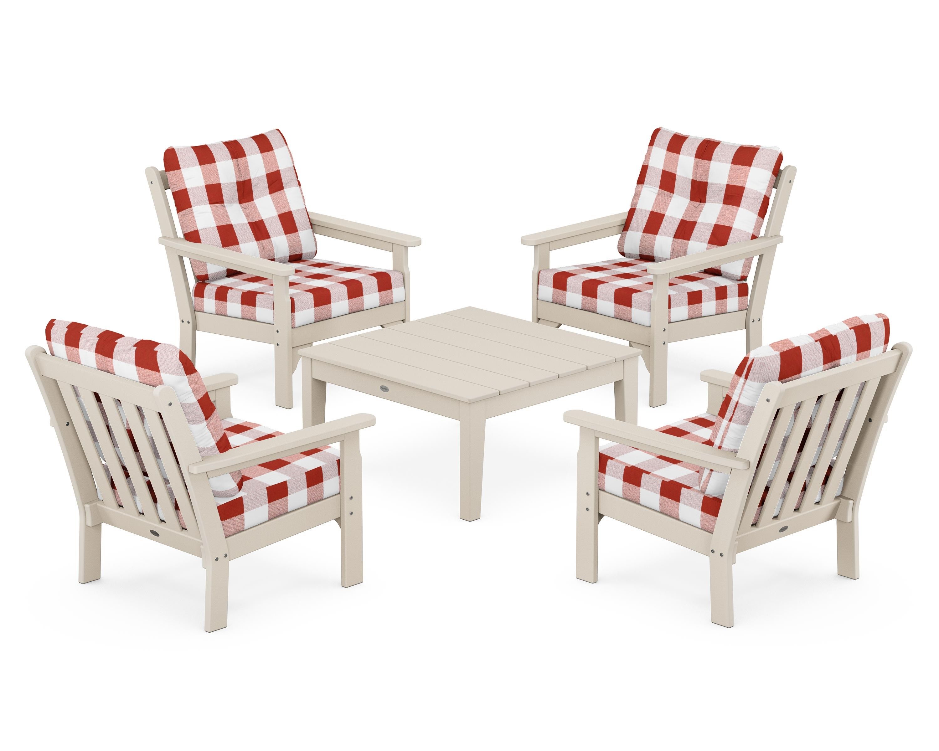 POLYWOOD® Vineyard 5-Piece Deep Seating Conversation Set in Sand / Buffalo Plaid Crimson