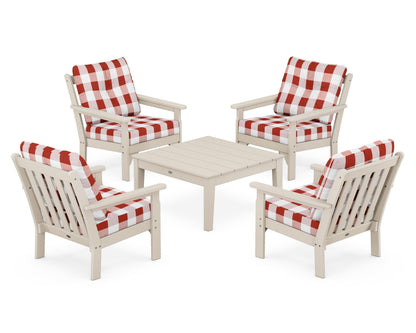 POLYWOOD® Vineyard 5-Piece Deep Seating Conversation Set in Sand / Buffalo Plaid Crimson