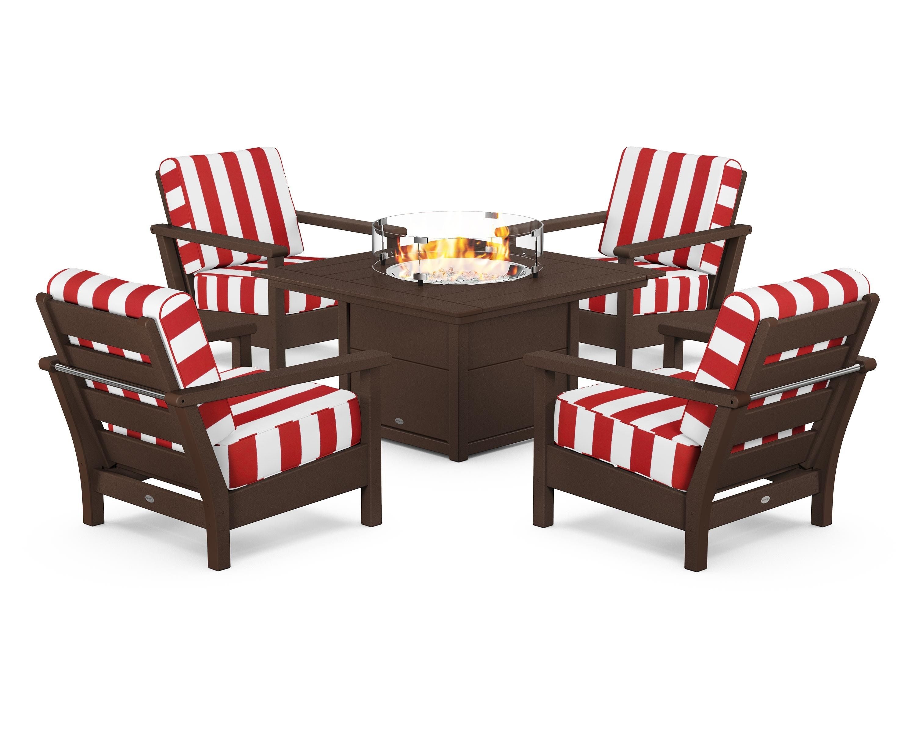 POLYWOOD® Harbour 5-Piece Conversation Set with Fire Pit Table in Mahogany / Cabana Stripe Crimson