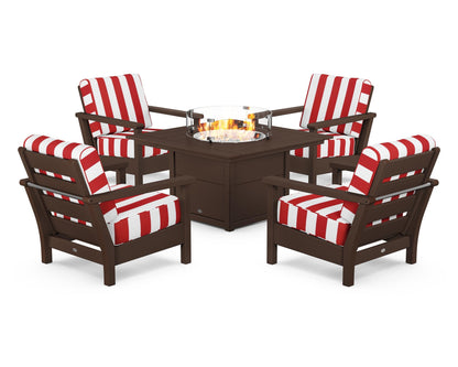 POLYWOOD® Harbour 5-Piece Conversation Set with Fire Pit Table in Mahogany / Cabana Stripe Crimson